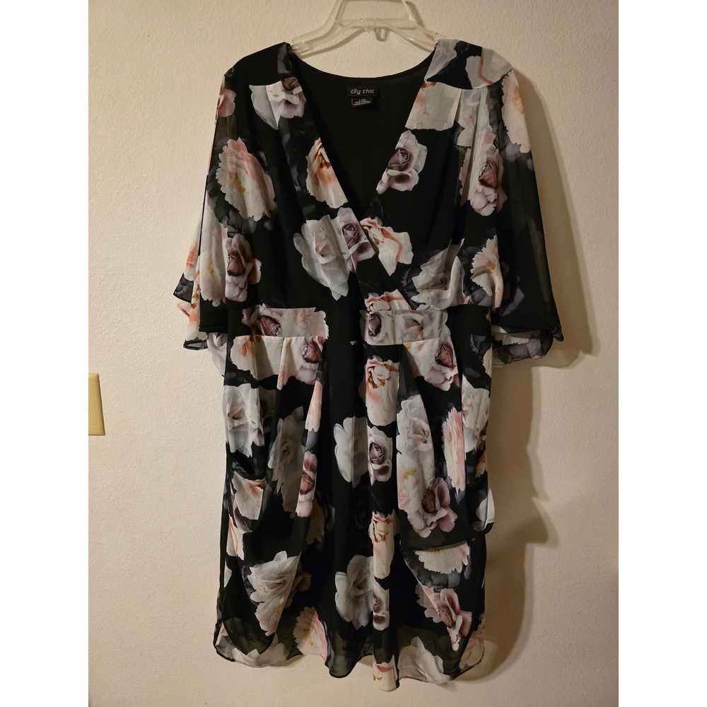 City Chic Floral Faux Wrap Dress Black Pink Rose Flutter Sleeve Belted L 20
